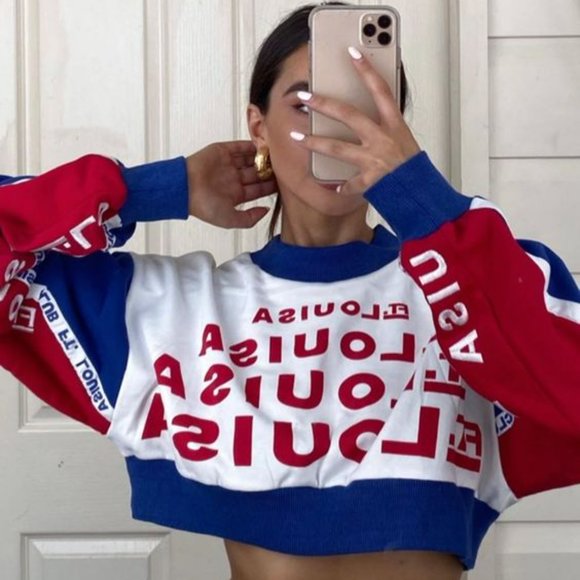Vintage America Tops - Ft. Louisa Cropped Sweatshirt Size Small Red White and Blue Retro Athletic - S